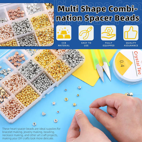 Glarks 1962Pcs Assorted Spacer Beads Set, 5 Styles Heart Beads Star Beads Ball Beads Flat Round Beads Charm Loose Beads Kit with Scissors and Elas...