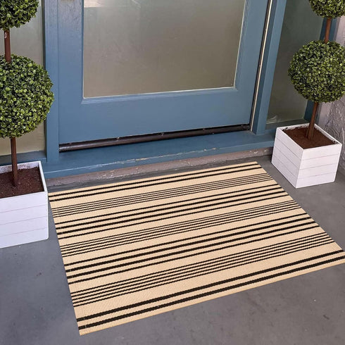 Front Outdoor Door Mat 2'x3',Tan Black Striped Outdoor Rug Machine Washable Cotton Layered Door Mat Entryway Throw Rug for Indoor Entrance...
