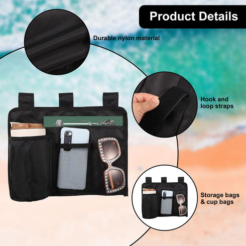Beach Chair Cup Holder Attachment, Black Nylon Beach Chair Drink Bracket 4 Pockets Hanging Cup Holder Stand Adjustable Strap Phone Holder for Pati...