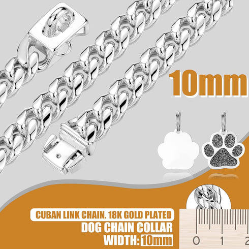 Dog Chain Collars Stainless Steel Dog Collar 10mm Cuban Link Dog Collar Metal Dog Chain with Snap Buckle Dog tag for Puppy Small Medium Large Dogs...