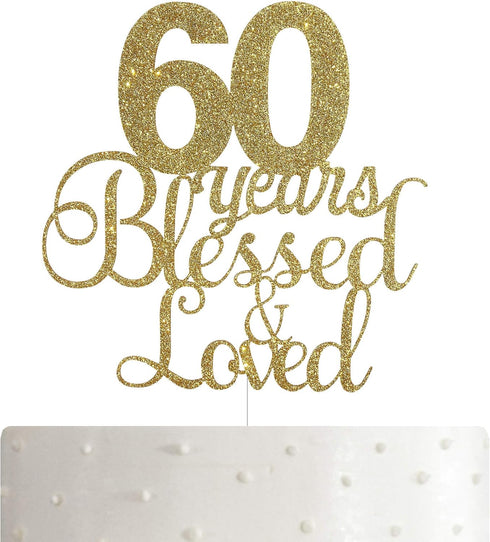 ALPHA K 60th Birthday/Anniversary Cake Topper – 60 Years Blessed & Loved Cake Topper with Gold Glitter...