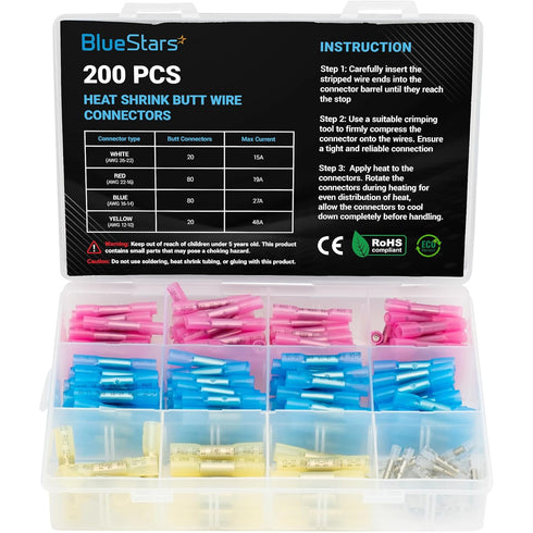 BlueStars 200 PCS Heat Shrink Butt Wire Connectors, Marine Grade Waterproof Electrical Connector Kit, Tinned Copper Terminal Insulated Electrical ...