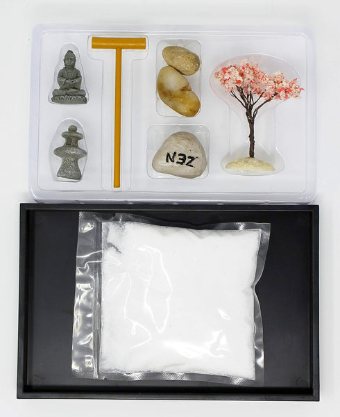Nature's Mark Mini Zen Garden Kit for Desk with Rake, White Sand, Buddha, Lantern, Black Rectangle Base, River Rocks and Mini Blossom Tree (8Lx5W ...