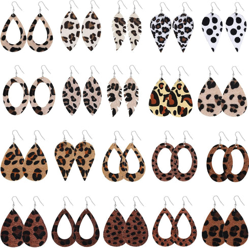 20 Pieces Leather Earrings for Women Petal Leopard Print Earrings Teardrop Dangle Earrings(Solid Hollow Teardrop and Leaf Style)...