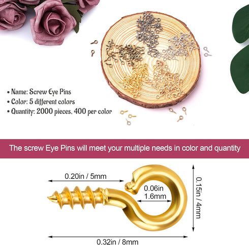 OIIKI 2000Pcs Screw Eye Pins, 5 Colors Small Metal Eye Pins Hooks, Mini Sturdy Eyelets Screw Threaded Clasps for Jewelry Making, Resin, DIY Arts C...