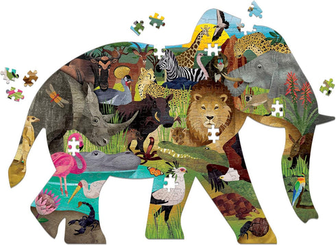 Mudpuppy African Safari 300 Piece Shaped Puzzle from Mudpuppy - 22.75" x 15.5" Elephant Shaped Jigsaw Puzzle for Kids, Provides Hours of Family Fu...