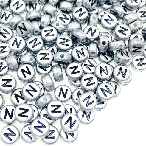 200Pcs Round Ancient Silver Letter N Beads,4x7mm Flat Letter-N Beads for Bracelets,Alphabet Beads for Jewelry Making DIY Necklaces Crafts Supply(S...