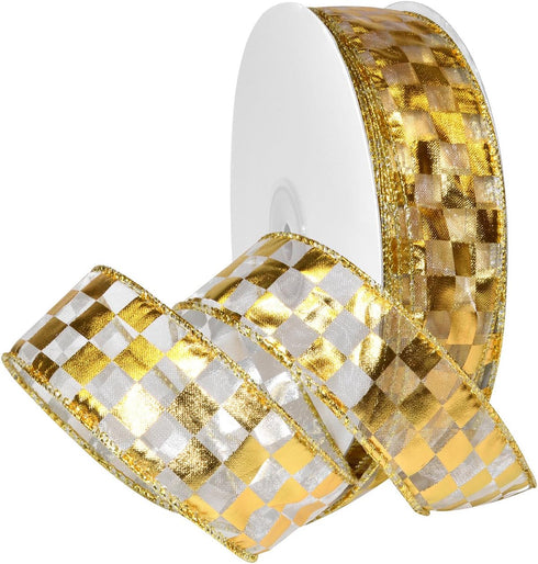 Morex Ribbon Wired Nylon Checkerboard Foil Ribbon, 1-1/2" x 50 yd, White/Gold...