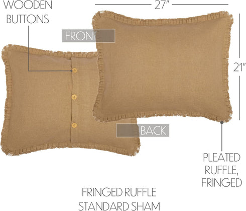 VHC Brands Burlap Pillow Sham Cover with Fringed Ruffle Cotton Farmhouse Decor Button...