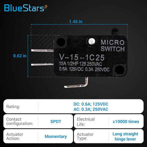 BlueStars Pack of 10 V-15-1C25 Micro Limit Switch Blade Momentary 250VAC/125VDC 15A Perfect for Arduino, Appliance and General Electrical Equipmen...