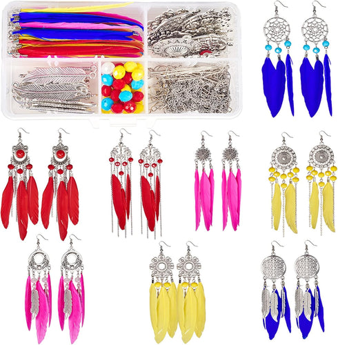 SUNNYCLUE 1 Box DIY 8 Pairs Bohemia Colorful Long Feathers Dangle Hook Earring Making Kit Jewelry Findings Making Crafts for Women, Antique Silver...