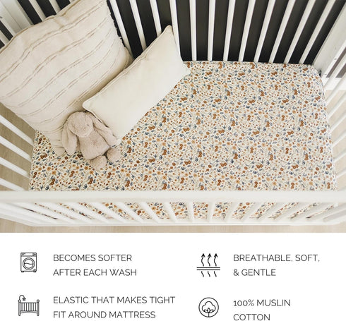 Harvest Floral Muslin Crib Sheet by Mebie Baby, Soft and Breathable Bed Sheets for Babies, Modern Neutral Bedding for Cribs, Standard Crib Mattres...
