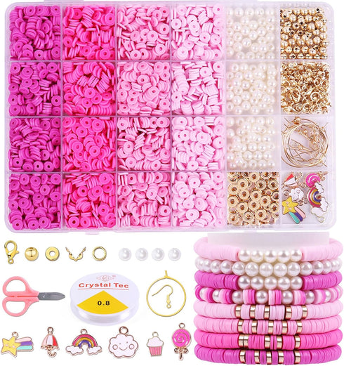 Wuollgess 3500 PCS Pink Clay Beads Kit for Bracelets Making, Polymer Heishi Beads for Jewelry Making, Friendship Bracelet Kit for Girls Adults, Sp...