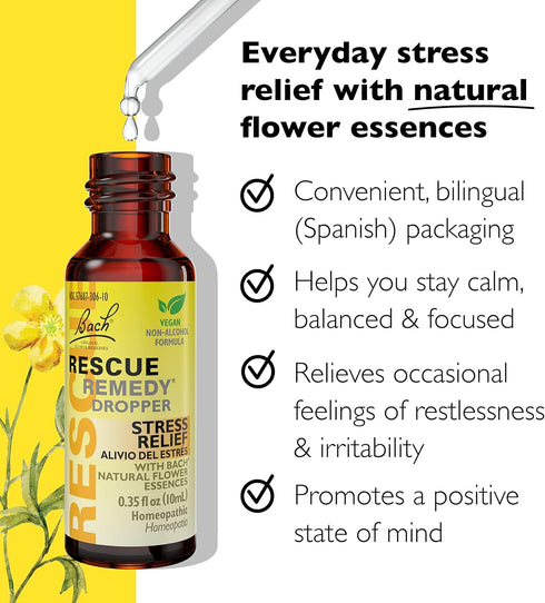 RESCUE Bach Remedy Dropper 10mL, Natural Stress Relief, Homeopathic Flower Essence, Vegan, Gluten & Sugar-Free, Non-Habit Forming (Non-Alcohol For...