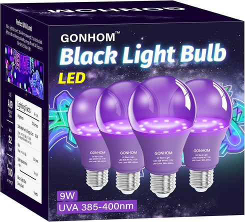 4 Pack A19 LED Black Light Bulbs,Dimmable 9W Blacklight Bulb(100W Equivalent), E26 Base 110V, UVA Level 385-400nm, Glow in The Dark for Black Ligh...