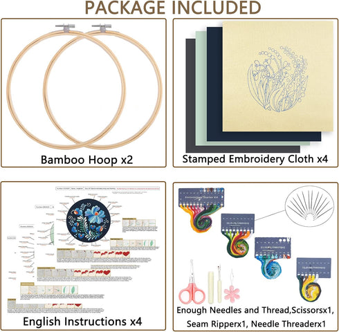 Picoey Modern Flower Heart Embroidery Kit for Beginners with Pattern and Instructions,4 Pack Cross Stitch Kits,2 Wooden Embroidery Hoops,Threads a...