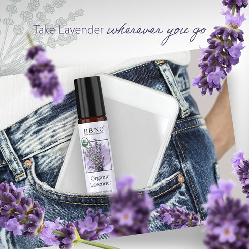 HBNO Organic Lavender Essential Oil Roll-On - 1/3 oz (10 ml) Travel Size - USDA Certified Organic Lavender and MCT Oils - Perfect for traveling, A...