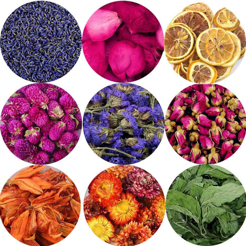 9 Bags Set Dried Flowers - Candle Making Soap Making DIY Candel Natural Flowers-Lemon,Lily,Don't Forget Me,Lavender,Mint Leaf,Rose Petal, Red Rose...