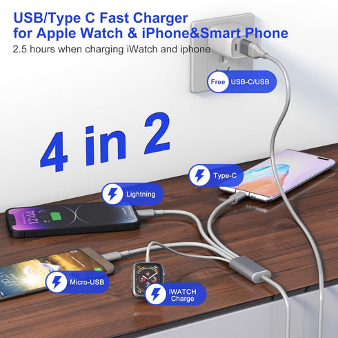 Travel 4-in-2 Watch & Phone Charger, iWatch Charger Fast Charging Cable Compatible with Apple Watch, iPhone, Galaxy, Pixel, Android, Watch, Pods &...