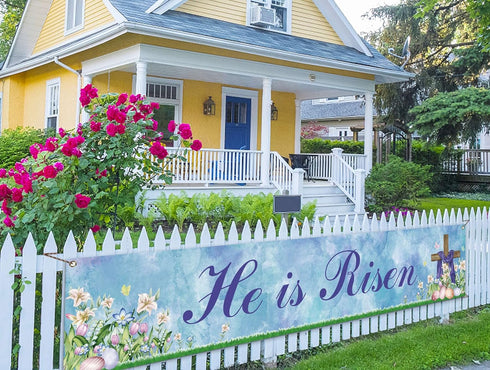 He is Risen Fence Banner Easter Christian Cross Lily Eggs Religious Party Photo Booth Backdrop Yard Outdoor Decoration...