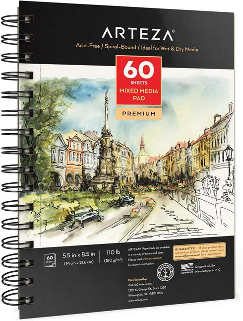 ARTEZA Mixed Media Sketchbook, 5.5 x 8.5 Inches, Pack of 1, 60 Sheets, Micro-Perforated Spiral-Bound Paper Pad for Wet and Dry Media...