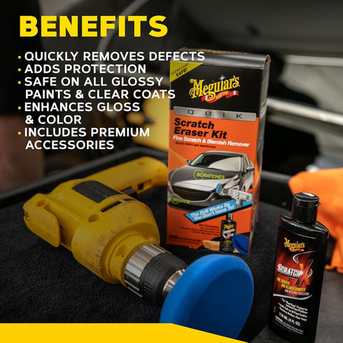 Meguiar's Quik Scratch Eraser Kit, Car Scratch Remover for Repairing Surface Blemishes, Car Care Kit with ScratchX, Drill-Mounted Pad, and Microfi...