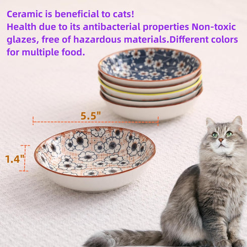Cat Food Bowls, Whisker Fatigue Cat Bowl, 5.5 Inches Ceramic Kitten Bowl Set of 3, Small Cat Dishes for Indoor Cats, Shallow Cat Plates for Wet Fo...