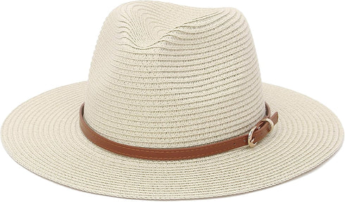 Straw Sun Hats for Women Men Panama Fedora Summer Hat with Leather Belt Wide Brim Beach Sun Jazz Cap...