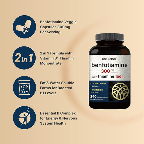 NatureBell Benfotiamine 300mg with Thiamine 100mg Per Serving | 240 Veggie Capsules – Essential Vitamin B1 Benfotiamine Supplement – Vegetarian Fr...