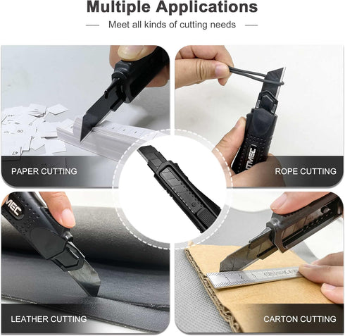 HAUTMEC 18mm Utility Knife Box Cutter with Safety Quick Change Button, Snap off Black SK2 Ultra Sharp Blade, Anti-Slip Ergonomic Rubber Handle for...