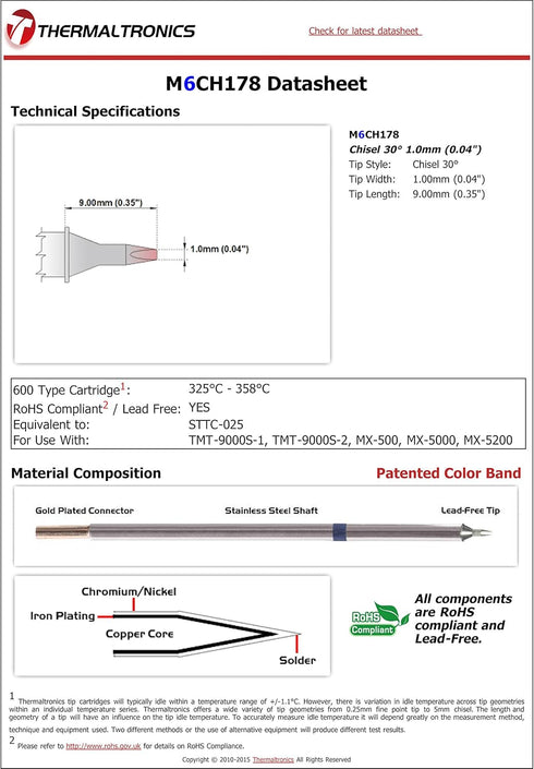 Thermaltronics M6CH178 Chisel 30deg 1.0mm (0.04in) interchangeable for Metcal STTC-025...
