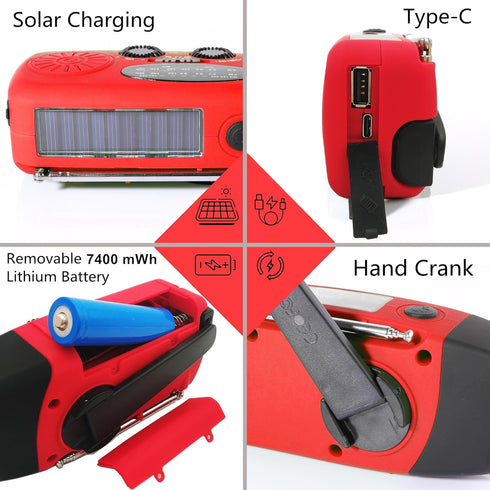 2000mAh SOS Alarm Emergency AM FM Weather Radio, 3LED Type-C Hand Crank Solar Battery Operated Portable Wind Up Radio Flashlight, Cell Phone Charg...