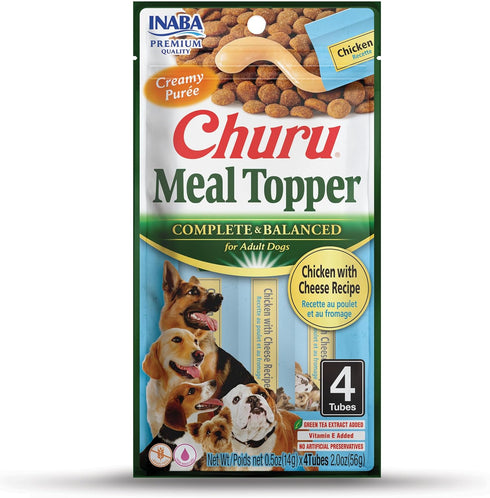 INABA Churu Meal Topper for Dogs, Complete & Balanced, Creamy, Lickable Purée Dog Food Topper, 0.5 Ounce Tube, 4 Tubes (4 per Pack) Chicken with C...