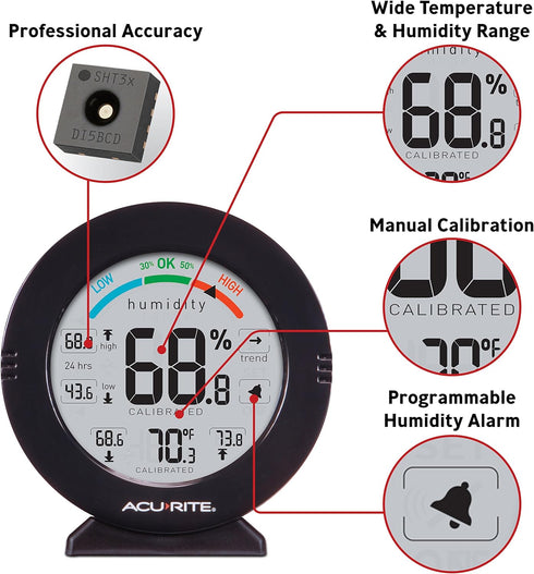 AcuRite 01080M Pro Accuracy Temperature and Humidity Gauge with Alarms, Black