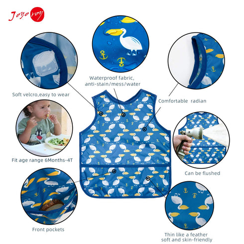 Joyo roy Mess Proof Baby Bibs for Eating Waterproof Toddler Bibs 1-3 Years Soft Machine Washable Sleeveless Baby Smock Bib for Boys Travel Reusabl...