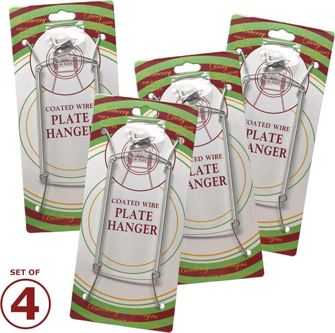 BANBERRY DESIGNS Chrome Vinyl Coated Plate Hanger 8 to 10 Inch - Set of 4 Pcs - Clear Vinyl Sleeves Protect The Plate - Hook and Nail Included...
