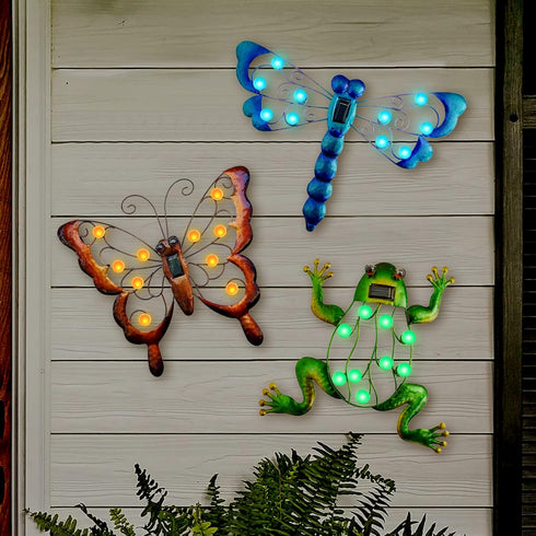 Outdoor Dragonfly Garden Décor, Metal Dragonfly Solar Lighted Wall Art Décor, Dragonfly Yard Art Dragonfly Sculpture Lamp for Fence Patio...