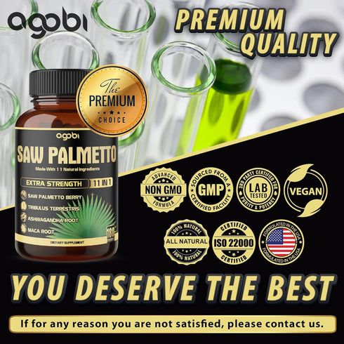 11in1 Saw Palmetto Capsules with Ashwagandha, Turmeric, Tribulus, Maca, Green Tea, Ginger, Holy Basil & More - Healthy Prostate & Hair Support - 1...