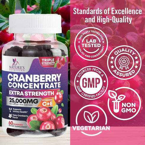 Cranberry Gummies - Urinary Tract Health Gummy + Vitamin C - 25,000mg - Triple Strength Cranberry Concentrate Extract Supplement Pills, Ultimate P...
