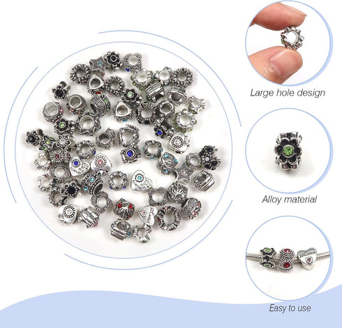 TOAOB 30pcs Assorted Antique Silver Rhinestone European Lampwork Charms Beads Large Hole Spacer Beads Charms Supplies for Bracelet Necklace Jewelr...
