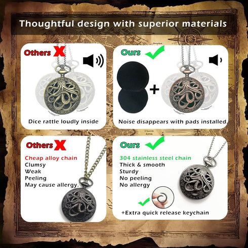 Mini Dice Necklace Tiny DND Dice with Pocket Watch Shell Silver Octopus Metal Case D&D Dice Set Portable 7PCS Keychain Dice Antique Iron Cthulhu D...