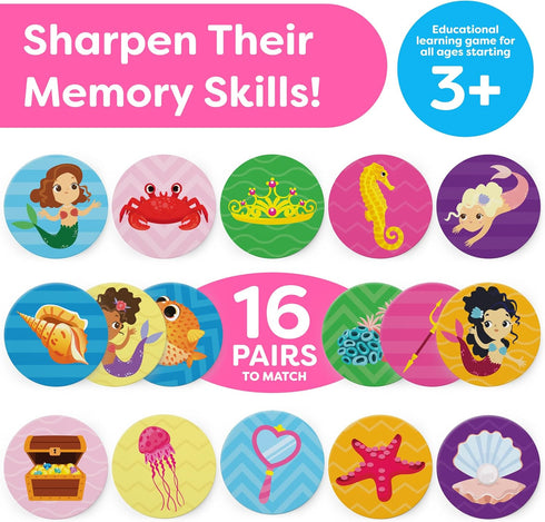 Girls Matching Memory Game for Kids - 32pc Mermaid Games Concentration Memory Card Matching Games for Children Preschool Toddler Memory Games for ...