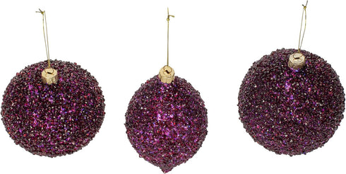 Beaded Purple Plum Glittered Ball Finial 6 inch Glass Decorative Hanging Christmas Ornament Set 3...