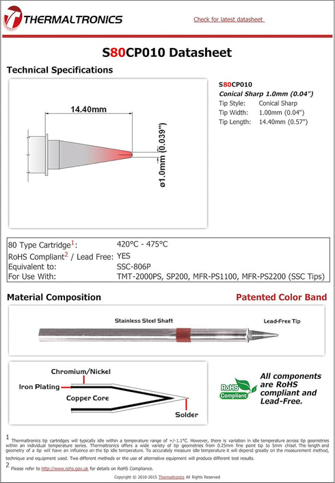 Thermaltronics S80CP010 Conical Sharp 1.0mm (0.04in) interchangeable for Metcal SSC-806P...