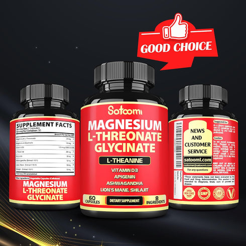 Satoomi 8in1 Magnesium L-Threonate and Glycinate - Plus Ashwagandha, Lions Mane Vitamin D3 and More - Supports Brain Health & Memory - 60 Count...
