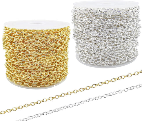60 Feet Metal Iron Necklace Chains 3mm Bulk Curb Link Chain for Jewelry Making DIY Craft Supplies (Silver and Gold)...