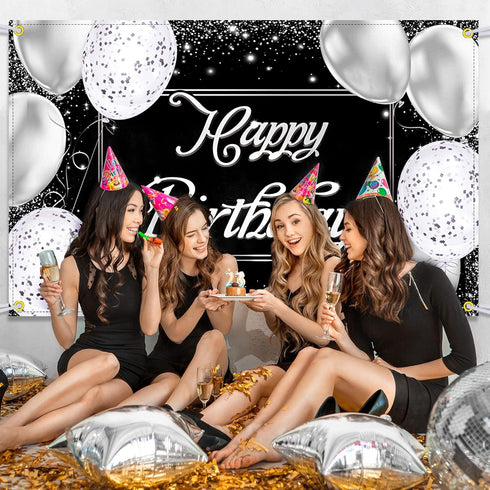 Happy Birthday Backdrop Banner - Black and Silver Photography Background - Large Party Sign Poster for Men and Women - Decoration Supplies...