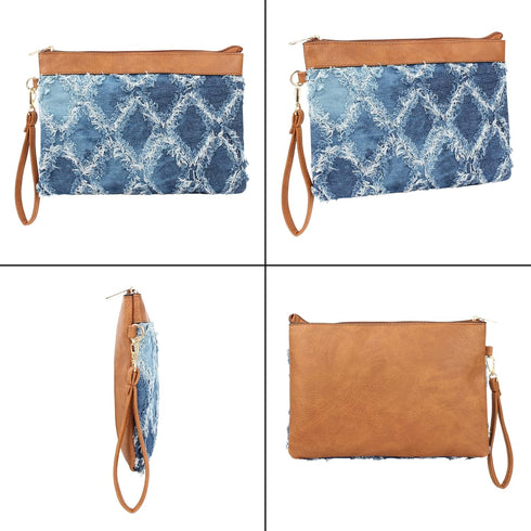 ZLM BAG US Women Distressed Denim Evening Purse Pu Leather Clutch Handbag Rhombus Pattern Wristlet Bag...