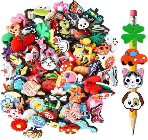 100 Pcs Different Style Pencil Topper Decoration,Cute PVC Different Pencil Charms Clip Designs for Boys and Girls,Cute School Supplies Classroom R...