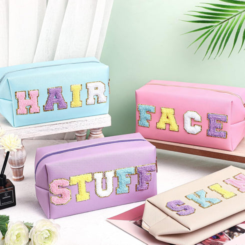 4 Pcs Large Chenille Letter Patch Makeup Bag Skin Stuff Hair Face Bag Preppy Patch Makeup Cosmetic Bag Toiletry Zipper for Women Teen Girl(Letters...